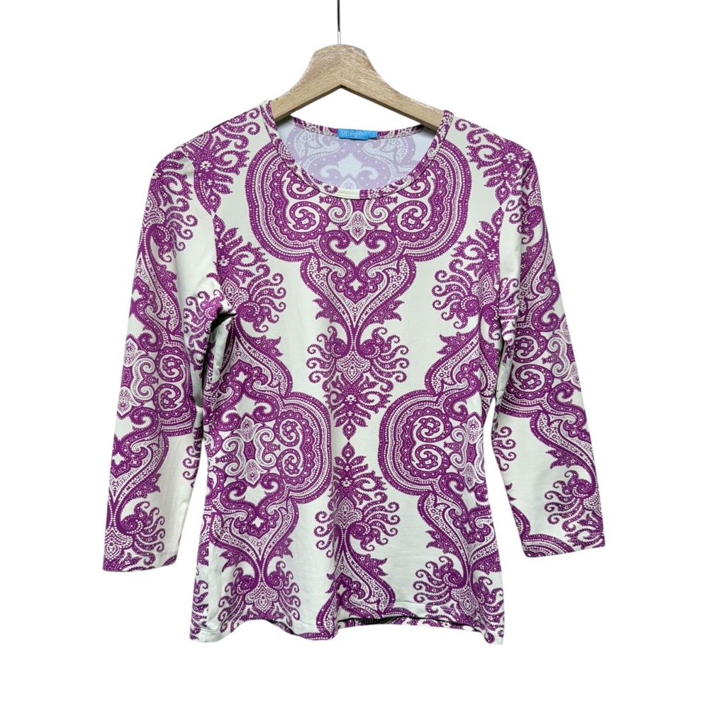 J. McLaughlin Catalina Cloth Top‎ S 3/4 Sleeve Geometric Medallion Purple Cream